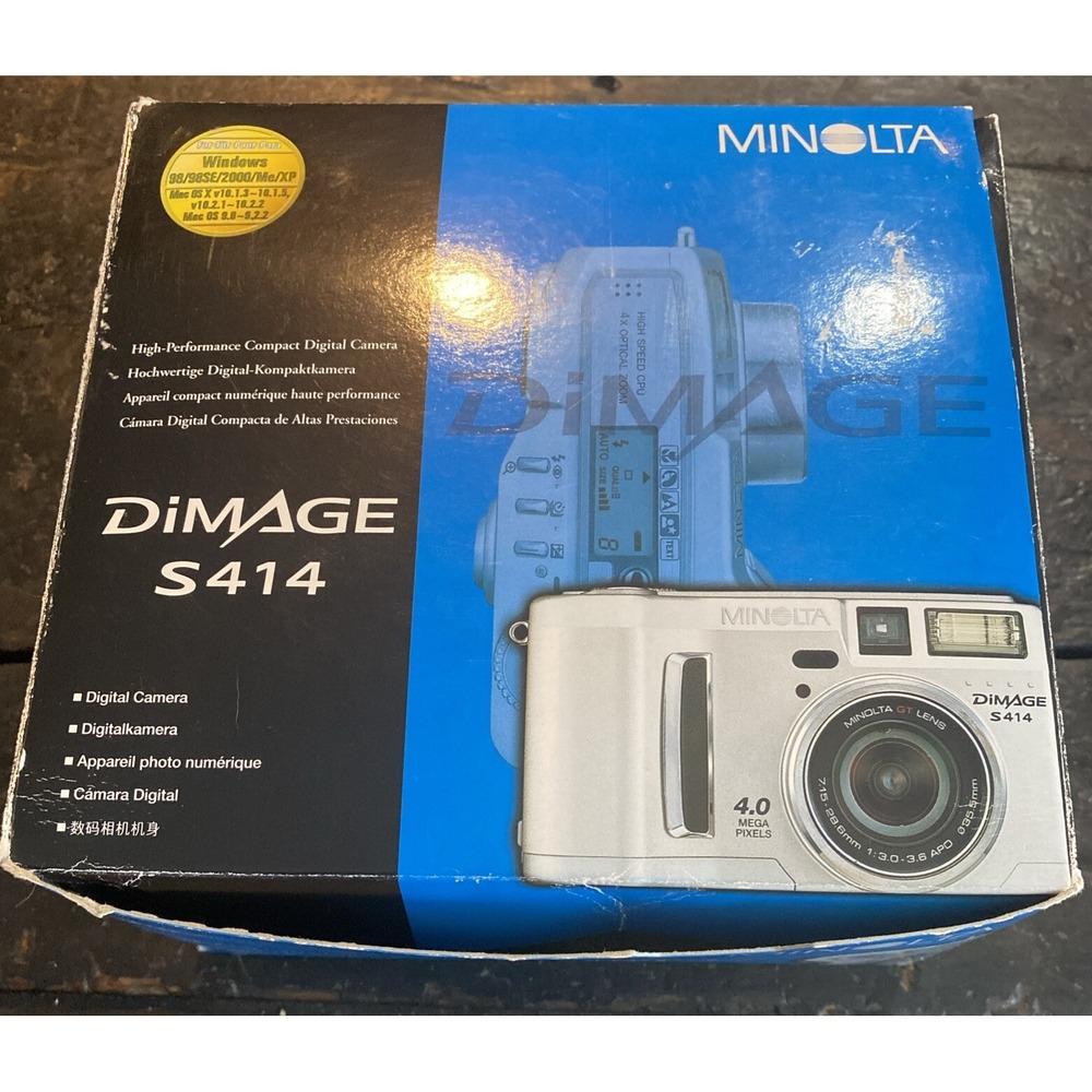 Minolta DIMAGE S414 4.0 MP 4x Optical Zoom Digital Camera Box Papers CD Cord AA